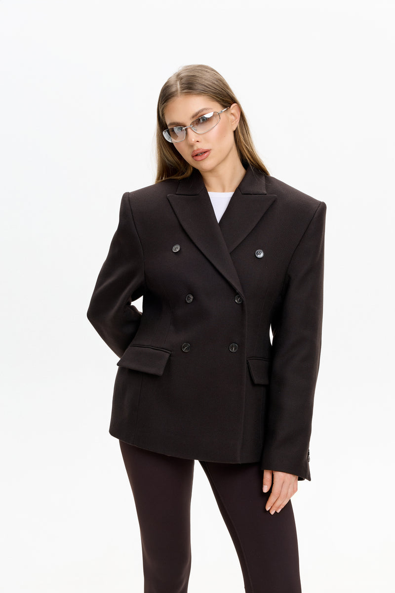 LUWO DOUBLE-BREASTED HOURGLASS BLAZER - DARK BROWN